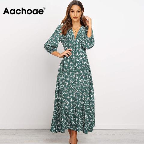 Aachoae Women V Neck Long Shirt Dress 2022 Autumn Floral Print Three Quarter Sleeve Split Dress Casual Button Boho Midi Dresses ► Photo 1/6