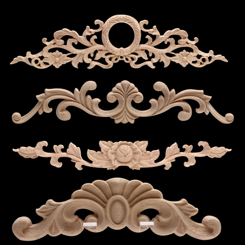 New Flower Wood Carving Natural Wood Appliques for Furniture Cabinet  Unpainted Wooden Mouldings 