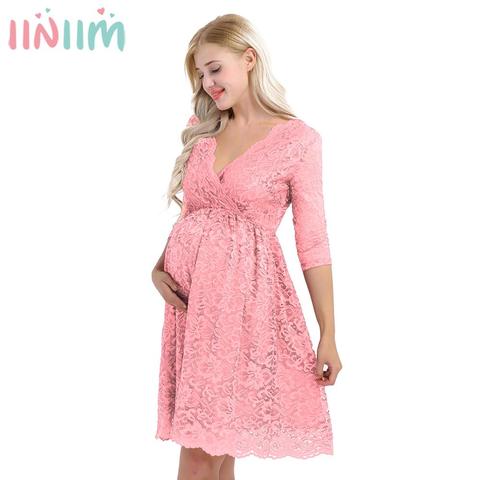 Womens Femme Maternity Elegant Dress Floral Lace Overlay V Neck Half Sleeve Pregnant Photography Dress for Take Part Weeding ► Photo 1/6