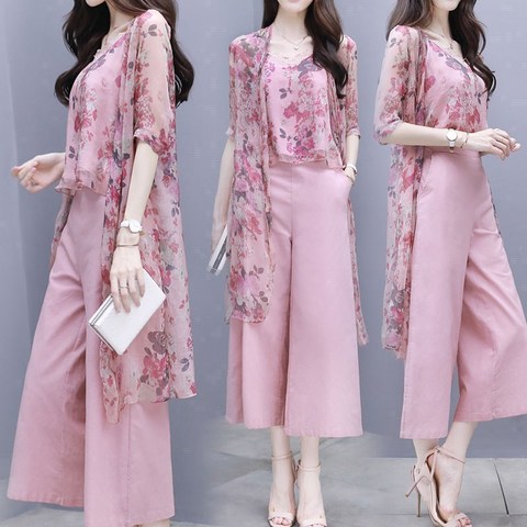 women's summer chiffon floral tops long cardigan + wide-leg pants trousers casual fashion suit women plus size ► Photo 1/6