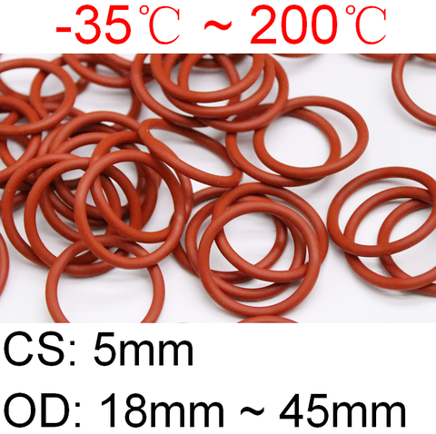 10pcs VMQ O Ring Seal Gasket Thickness CS 5mm OD 18 ~ 45mm Silicone Rubber Insulated Waterproof Washer Round Shape Nontoxi Red ► Photo 1/6