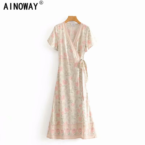 Vintage chic women floral print cross v-neck beach Bohemian  maxi dress Ladies v-neck ruffles Boho pleated dress vestidos ► Photo 1/6