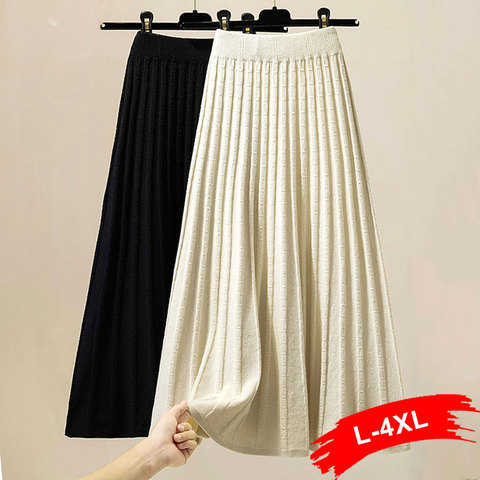 Plus Size Jacquard Knitting White Pleated Skirt 4XL Autumn Women Thick Warm Sweater Skirts High Waist Big Swing Midi Skirt ► Photo 1/6