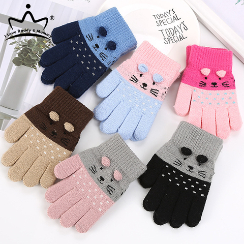 Cute Cartoon Cat Baby Gloves Winter Knitted Boys Girls Stretch Mittens Warm Kids Full Finger Gloves ► Photo 1/6