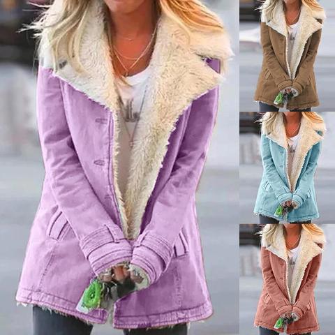Women Winter Warm Coat Solid Color Buttons Lapel Turn-down CollarPlush Thick Outerwear Jacket Casual Femal Pink Grey streetwear ► Photo 1/6