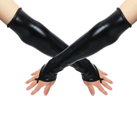 Sexy Long Black Metallic Feel Gloves Synthetic Leather Arm Sleeves Costume New ► Photo 1/6