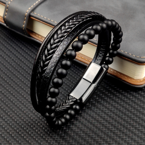 MingAo Fine Stainless Steel Jewelry Multi-Layered Men's Black Leather Beaded Bracelet High Quality Magnet Clasp Christmas Gift ► Photo 1/6