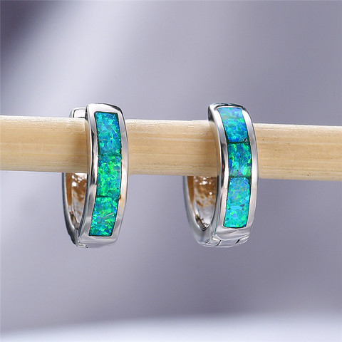 Simple Female Green Opal Stone Earrings Classic Silver Color Hoop Earrings For Women Dainty Bridal Round Small Wedding Earrings ► Photo 1/6