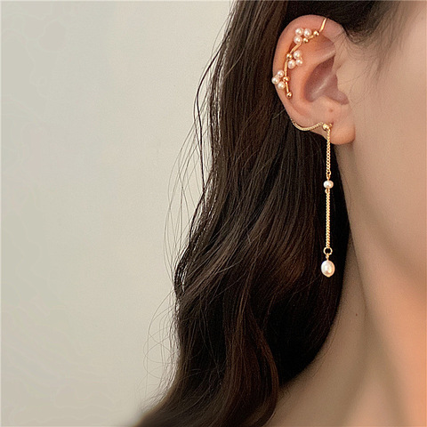 2022 New Fashion Imitation Pearl Chain Ear Cuff Cartilage Earrings For Women Elegant Flower Long Tassel Ear Clip Female Jewelry ► Photo 1/6