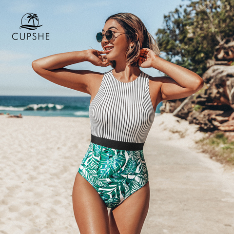 CUPSHE Black Striped And Green Leaf One-piece Swimsuit Women Sexy Cutout Monokini Bathing Suits 2022 Girl Beach Swimwear ► Photo 1/6