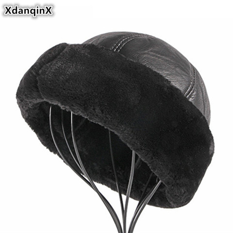 XdanqinX Winter Men's Warm Bomber Hats Middle-aged Men PU Imitation Leather Cap Thick Velvet Warm Male Winter Hat Brands Dad Hat ► Photo 1/6