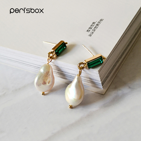 Peri'sBox Large Baroque Pearl Drop Earrings for Women Geometric Genuine Freshwater Pearl Earrings Green Crystal Drop Earrings ► Photo 1/6