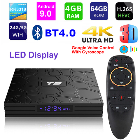 T9 Android 9.0 Smart TV BOX RK3318 Quad core 4GB Ram 64G Rom Digital Display 2.4G/5G Dual WIFI Bluetooth 3D HDR 4K Media Player ► Photo 1/6