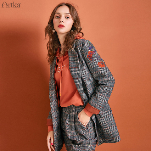 ARTKA 2022 Autumn Winter New Women Suits Vintage Embroidery Plaid Blazer Set Woolen Blazers and Jackets Suit With Pants WA10290Q ► Photo 1/6