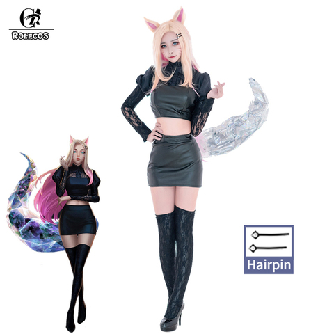 ROLECOS Game LOL KDA Ahri Cosplay Costume LOL KDA The Baddest Ahri Cosplay Sexy Women Black Uniform Costume Halloween Skirt Sock ► Photo 1/6