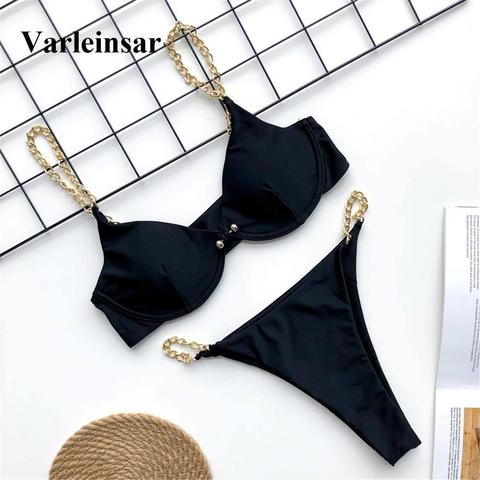 Sexy High Cut Golden Chain Bikini Women Swimwear Female Swimsuit Two-pieces Bikini set Underwired Bather Bathing Suit Swim V1646 ► Photo 1/6