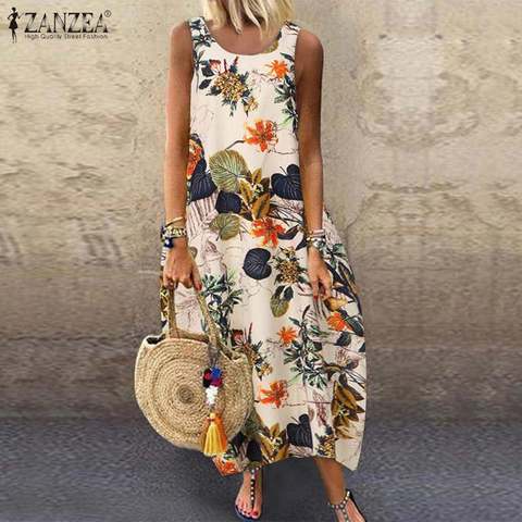 ZANZEA Summer Women Vintage Sleeveless Dress Floral Printed Long Dress Cotton Linen Sundress Baggy Beach Vestido Sarafans 5XL 7 ► Photo 1/6