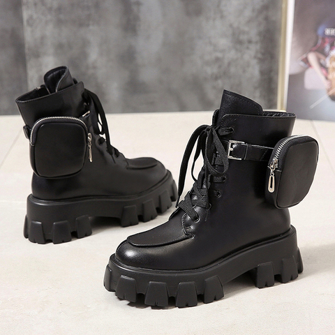 2022 New product Pocket Motorcycle Boots Women Platform Shoes Lace Up Thick-soled Black Military Shoes Woman Half Botas Mujer ► Photo 1/6