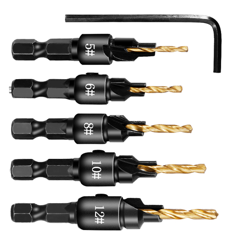 5pcs Countersink Drill Woodworking Drill Bit Set Drilling Pilot Holes For Screw Sizes #5 #6 #8 #10 #12 ► Photo 1/6