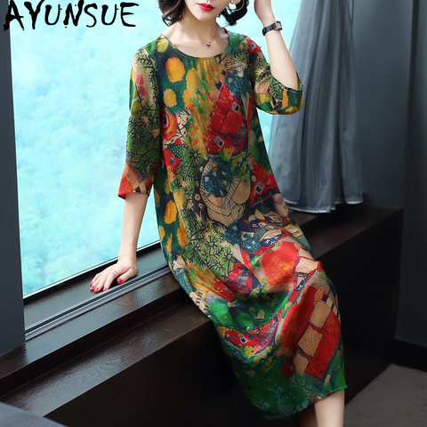 AYUNSUE 2022 New Summer Silk Dress Women Casual Floral Plus Size Dress Midi Boho Beach Women's Dresses Vestito Donna KJ1850 ► Photo 1/6