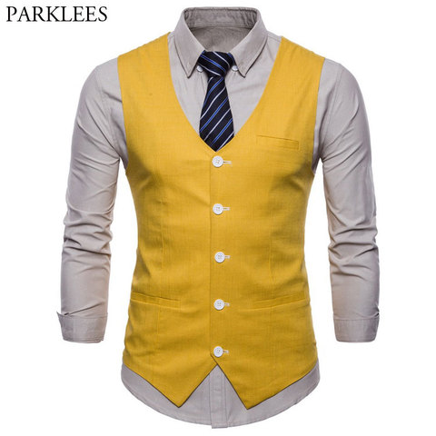 Casual Cotton Linen Mens Suit Vest Slim Fit Single Breasted Sleeveless Waistcoat Male White Yellow Green Orange Light Blue M-4XL ► Photo 1/6