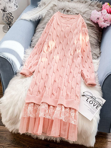 Large Size Clothes Women Autumn And Winter Lace Stitching Sweater Dress Knitted Long Pullover Shirt Vestidos Female Robes Y832 ► Photo 1/6