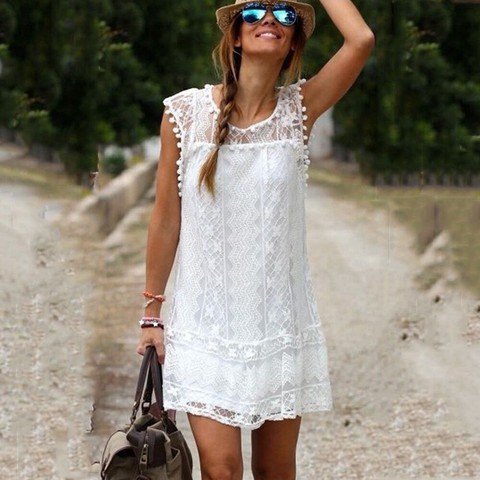 Summer Sexy Sleeveless White Lace Women Elegant Pom Pom Trim Floral Hollow Out Mini Short Dress ► Photo 1/6