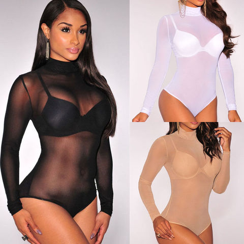 Women Ladies Sexy See Through Slim Fit Long Sleeve Turtleneck Skinny Solid Color Bodysuits Transparent Leotard ► Photo 1/5