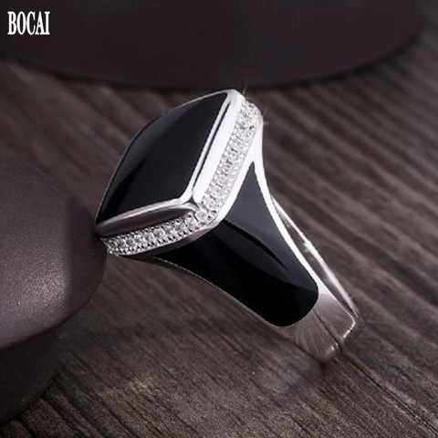 Fashionable new vintage inlaid gemstone men's ring real 925 pure silver ring for Man simple black diamond shaped epoxy rings ► Photo 1/6