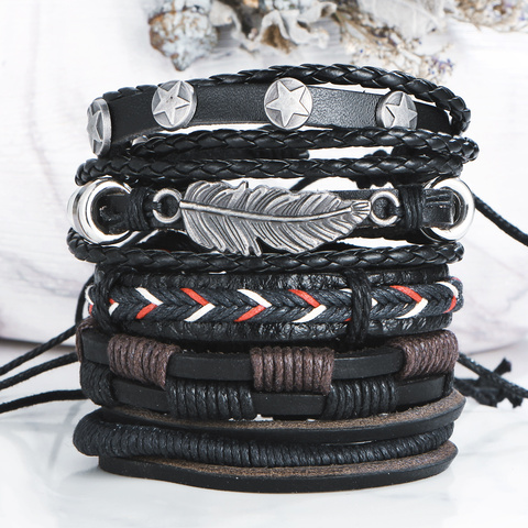 IF ME DIY Vintage Multilayer Geometric Star Feather Black Leather Bracelets For Woman Charm Retro Unisex Braid Bracelet Jewelry ► Photo 1/6