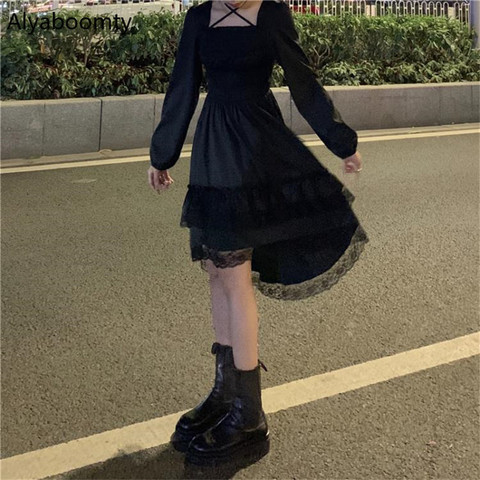 New Gothic Women Black Fairy Party Dress Cross Square Collar Lolita Princess Irregular Dress Cute Kawaii Lace Ruffles Chic Dress ► Photo 1/6