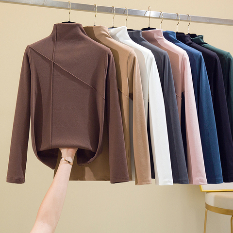 2022 Long Sleeve Thick T Shirt Women Winter Tops Turtleneck Warm T-Shirt Korean Cotton Tshirt Woman Tee Shirt Femme Pink Blue ► Photo 1/6