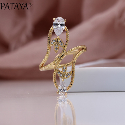 PATAYA New White Water Drop Natural Zircon Rings 585 Rose Gold Fashion Jewelry Wedding Fine Clover Hyperbole Women Hollow Rings ► Photo 1/6