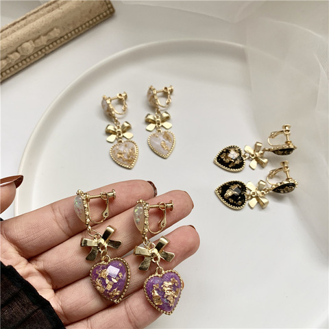 Gentle French Retro Baroque Palace Purple Heart Clip Earrings Temperament Heart-shaped Bow Ear Clips Earrings No Piercing Women ► Photo 1/6
