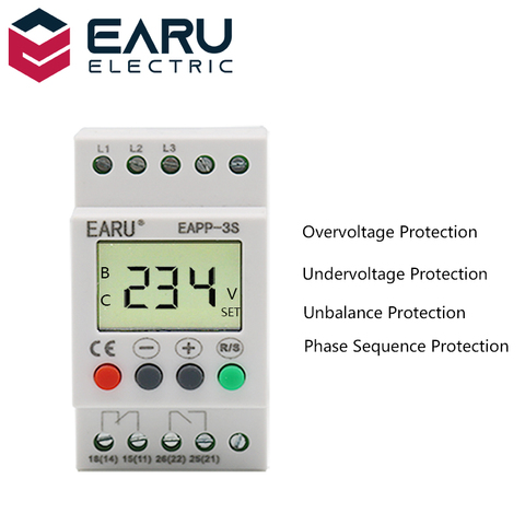 With LCD Backlight Display 3 Phase Din rail Adjustable Under Over Voltage Protector Voltage Monitoring Sequence Protection Relay ► Photo 1/6