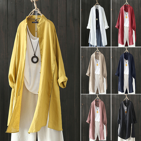 Plus Size Long Shirts ZANZEA 2022 Vintage Women Linen Blouse Female Button Tunic Tops Long Sleeve Cardigan Split Blusas Feminina ► Photo 1/6