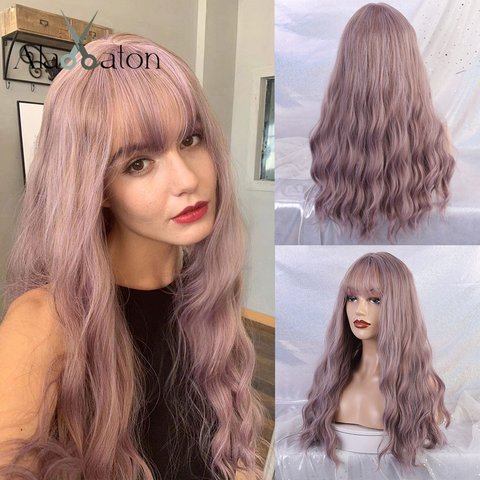 ALAN EATON Long Wavy Wigs with bangs Lolita Cosplay Party Synthetic Wigs lilac wig Purple Brown women Afro Natural Hair Wigs ► Photo 1/6