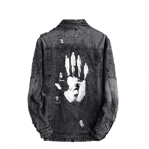 Fashion Harajuku Handprint Retro Rock vintage Gray Denim jacket men boyfriend punk Sweatshirt sudadera streetwear cowboy hiphop ► Photo 1/6