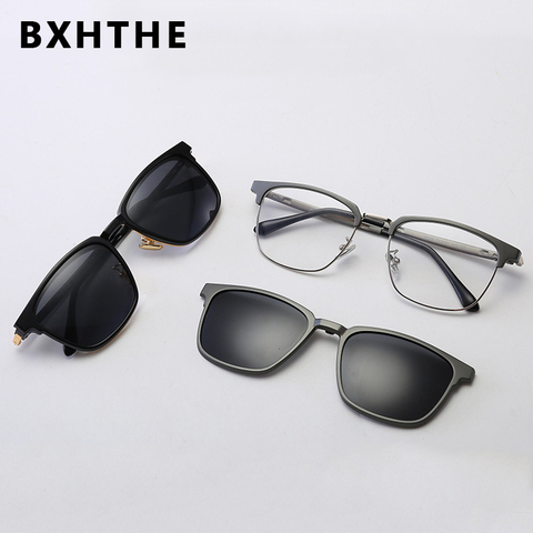 Men 2 In 1 Magnet Clip On Glasses Frame Polarized Square Sunglasses Women Optical Myopia Prescription Eyeglasses Frame Eyewear ► Photo 1/6