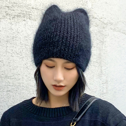 2022 Simple Girl Angora Rabbit fur ear Beanie Hat for Women Winter Skullies Warm wool Panama fashion Gorros Female Bomber Cap ► Photo 1/6