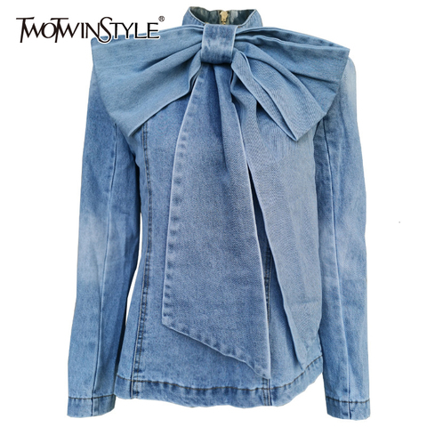 TWOTWINSTYLE Patchwork Bow Denim Women's Jacket Stand Collar Long Sleeve Vintage Ruched Jackets For Female 2022 Fashion Clothing ► Photo 1/6