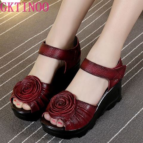 GKTINOO 2022 Ethnic Style Genuine Leather Women Shoes Sandals Wedges Sandals Handmade Genuine Leather Platform Women Sandal ► Photo 1/6