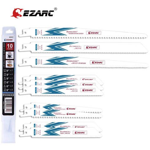 EZARC 10Pcs Reciprocating Saw Blades 150mm to 225mm  Bi-Metal Demolition Blade Set for Wood Metal Cutting Power Tool Accessories ► Photo 1/6