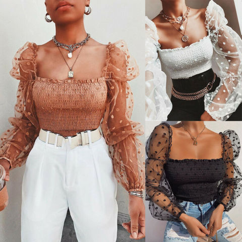 Sexy Women Wrinkled Backless Blouse Shirt Mesh Sheer Puff Sleeve Wrap Chest Tops 2022 Spring Summer Ladies Dots Blouse ► Photo 1/6