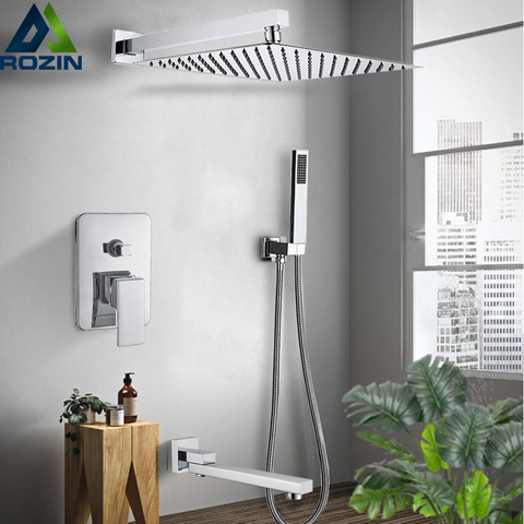 Rozin Wall Mount Rainfall Shower Faucet Set Chrome Concealed Bathroom Faucets System 16'' Head with Swivel Tub Spout Mixer Tap ► Photo 1/6
