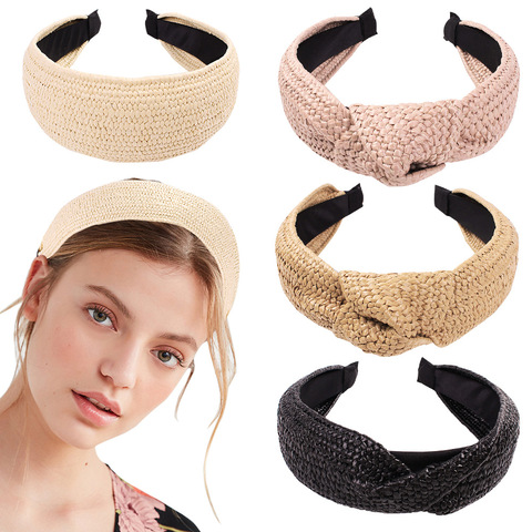 New Fashion Women Summer Hair Hoop Casual Straw Weaving Girl Cute Tie Wide Solid Hairbands Hair Accessories Headwear ► Photo 1/6