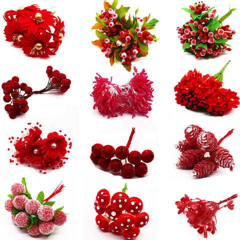 6/10/12/20/24/200pcs Mixed Red Flower Cherry Stamen Berries Bundle DIY Christmas Wedding Cake Gift Box Wreaths Decor ► Photo 1/6