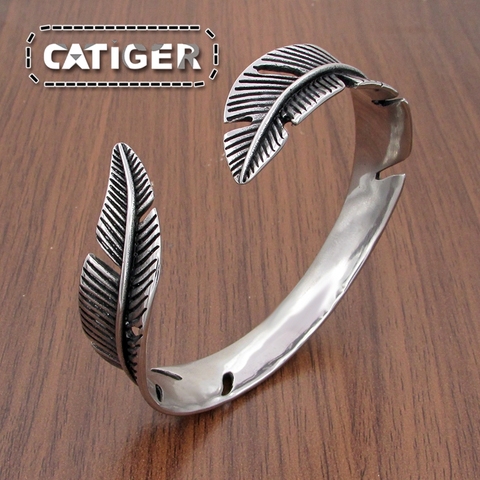 Vintage 316L Stainless Steel Feather Shape Open Cuff Bangle Bracelet for Men or Women Classic Retro Style Rock Jewelry ► Photo 1/6