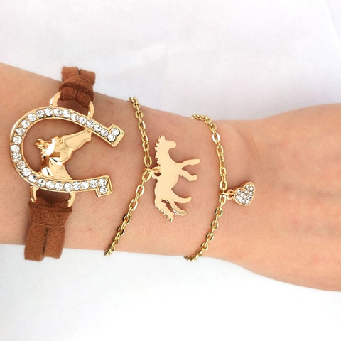 hzew 3 pcs/set  Leather rope horse head horseshoe bracelet gold color horse heart bracelets ► Photo 1/6