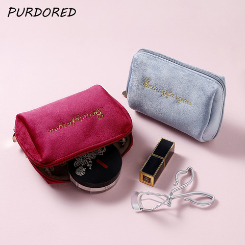 PURDORED 1 Pc Women Zipper Velvet Make Up Bag Travel Large Cosmetic Bag for Makeup Solid Color Female Make Up Pouch Necessaries ► Photo 1/6